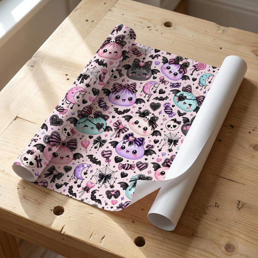Pastel goth Halloween wrapping paper with cute bat-winged characters, skulls, moons, bows and candies.