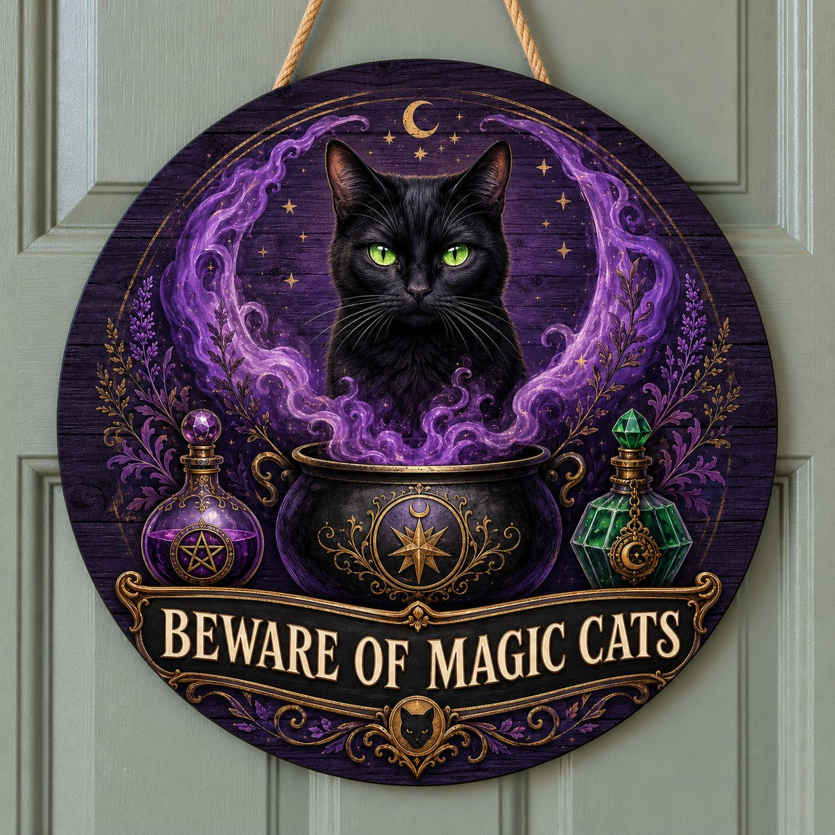 Round wooden sign with a black cat in purple smoke rising from a cauldron and the text BEWARE OF MAGIC CATS.
