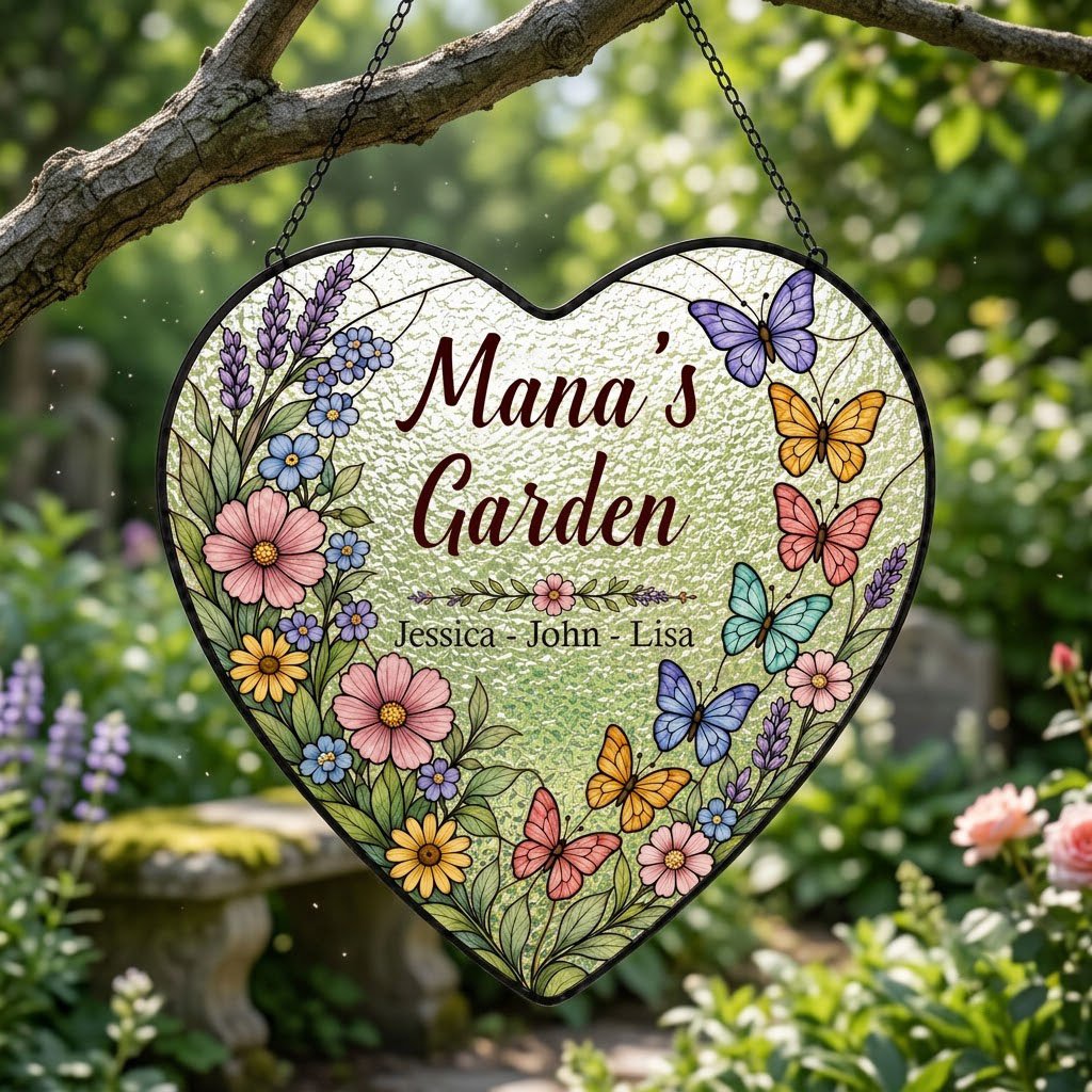 Heart stained-glass suncatcher with floral border, colorful butterflies, and 'Mana's Garden' with kids' names.