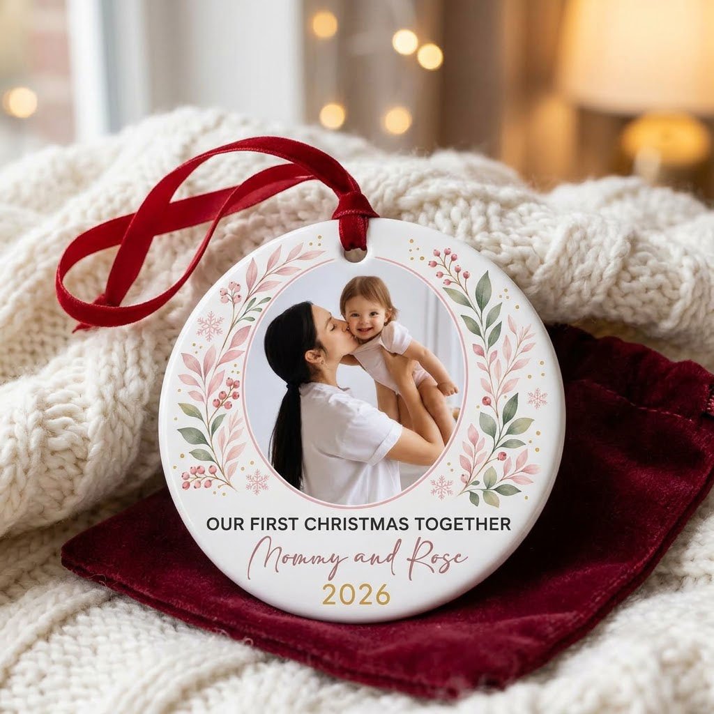 Round ceramic ornament with a photo frame, pink-green botanical wreath, and 'OUR FIRST CHRISTMAS TOGETHER' text.
