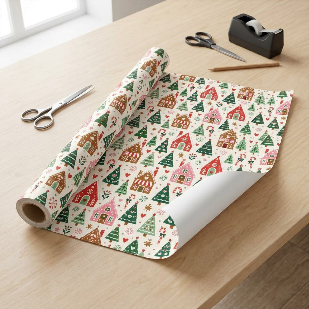 Cream wrapping paper with repeating gingerbread houses, green trees, candy canes, hearts, stars and snowflakes.