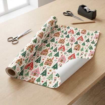 Cream wrapping paper with repeating gingerbread houses, green trees, candy canes, hearts, stars and snowflakes.