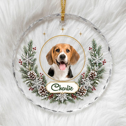 Personalized Dog Photo Holiday Wreath Round Glass Ornament