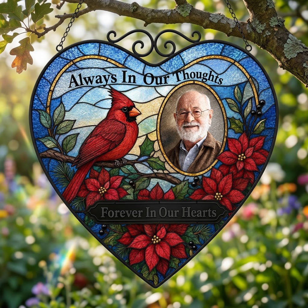 Heart stained glass suncatcher with red cardinal, oval memorial photo frame, and red poinsettias with green leaves.