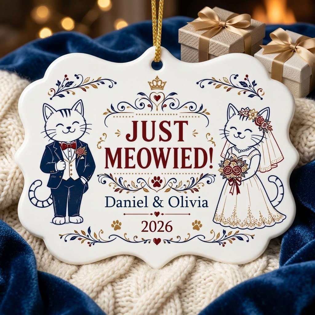Medallion ceramic ornament with cat bride and groom, gold crown, floral scrolls, red hearts and paw prints on white.