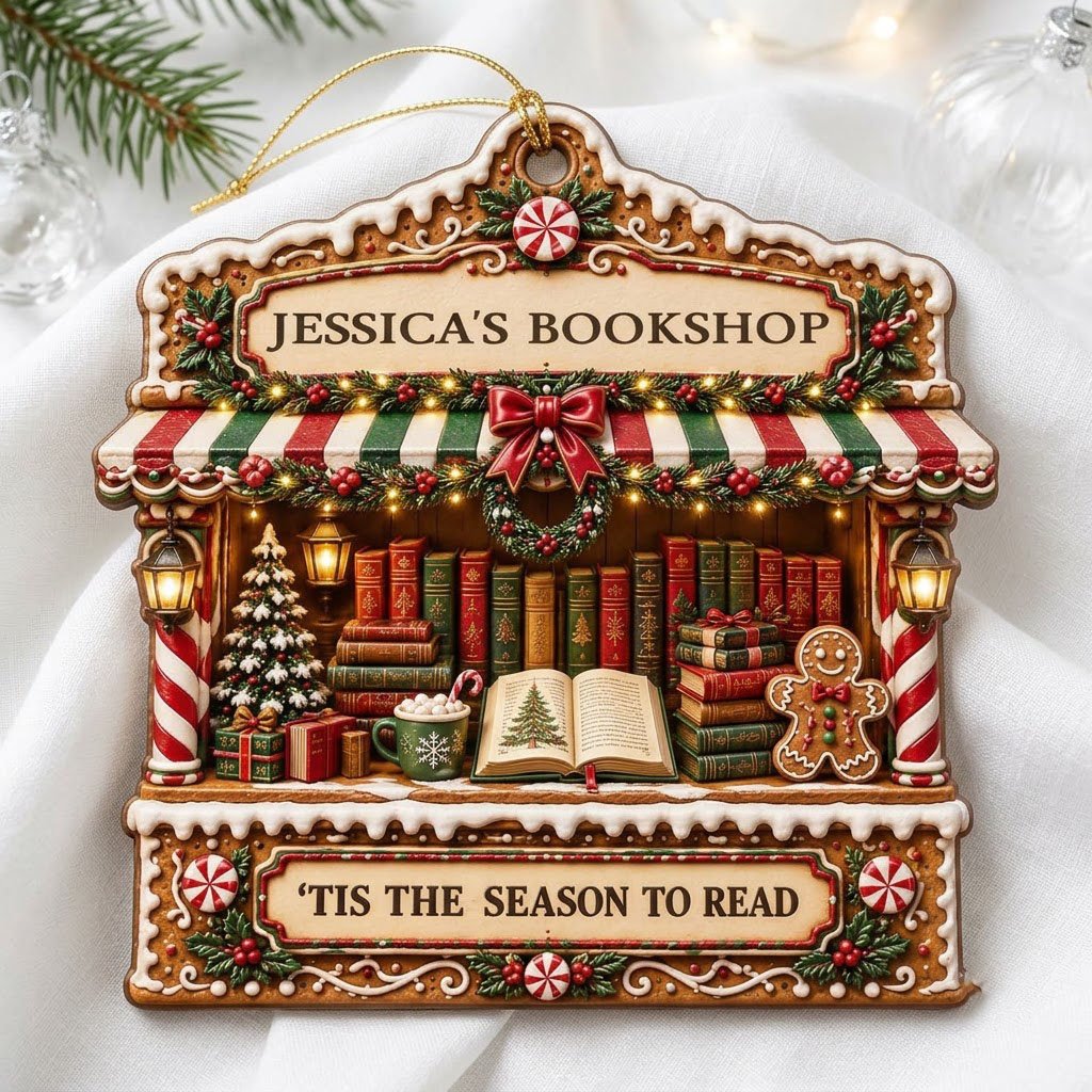 Gingerbread bookstore facade ornament with striped awning, wreath, books, lanterns, and 'TIS THE SEASON TO READ' text.