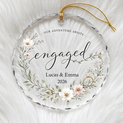 Personalized Our Adventure Awaits Floral Wreath Engaged Round Glass Ornament