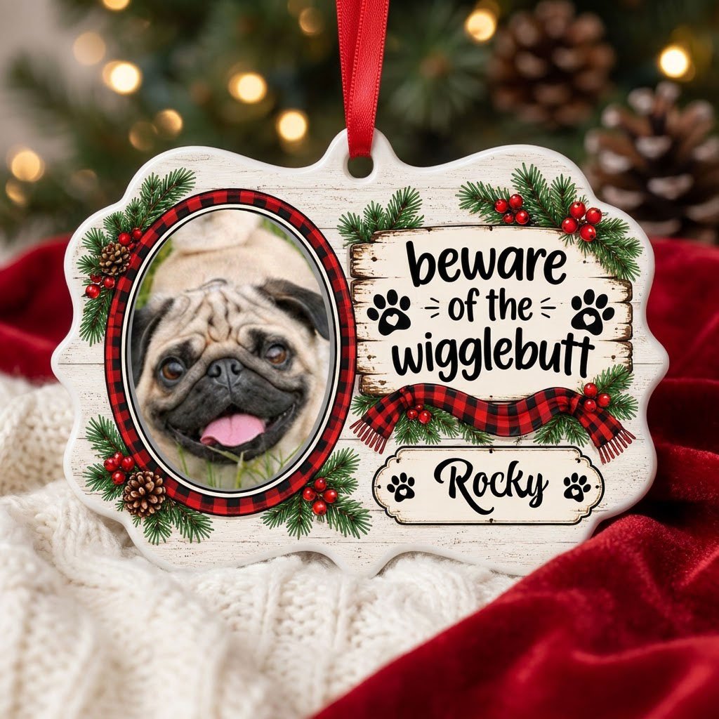 Medallion ornament with buffalo plaid dog photo frame, evergreens, and 'beware of the wigglebutt' text