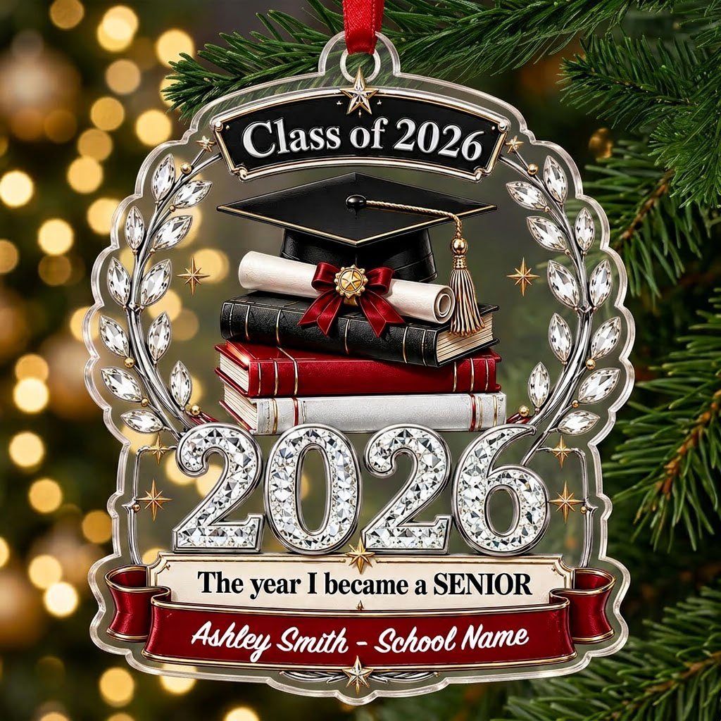 Acrylic ornament shows Class of 2026 text, cap, diploma, jeweled laurel wreath and banners personalized with name and sc