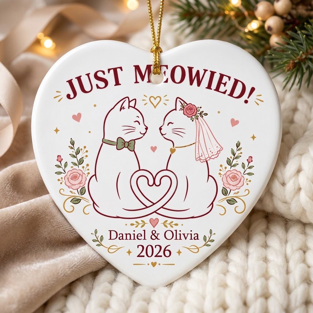 Two white cats with bow tie and bridal veil under JUST MEOWIED with roses and stars on a heart ceramic ornament.