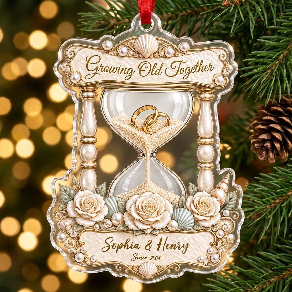 Acrylic hourglass ornament with gold rings, roses, seashells, pearls, and Growing Old Together text.