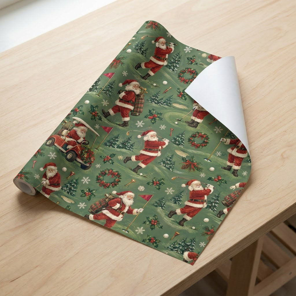 Green golf-themed Christmas wrapping paper with Santa swinging, a red golf cart, flags, balls, pine trees, wreaths and s