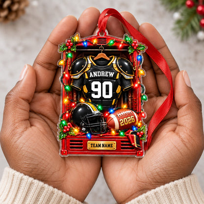 Acrylic ornament of a football locker with black-gold jersey, helmet and lights, personalized with name, number, year an