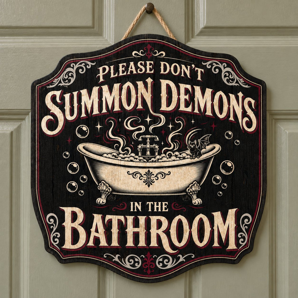 Ornate plaque with tub, bat-winged black cat, bubbles, stars, and 'Please Don't Summon Demons in the Bathroom'.