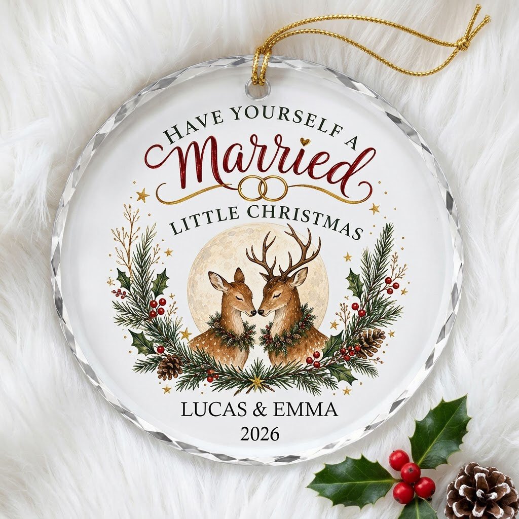 Personalized Have Yourself A Married Little Christmas Deer Round Glass Ornament