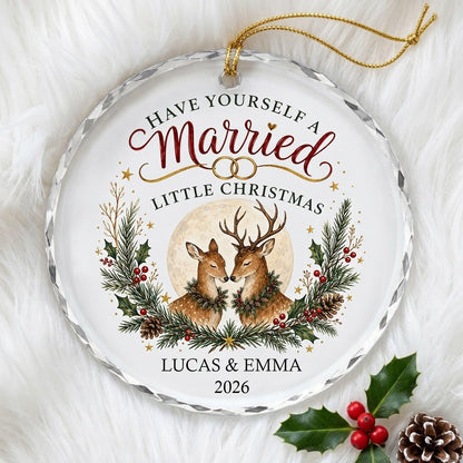 Personalized Have Yourself A Married Little Christmas Deer Round Glass Ornament