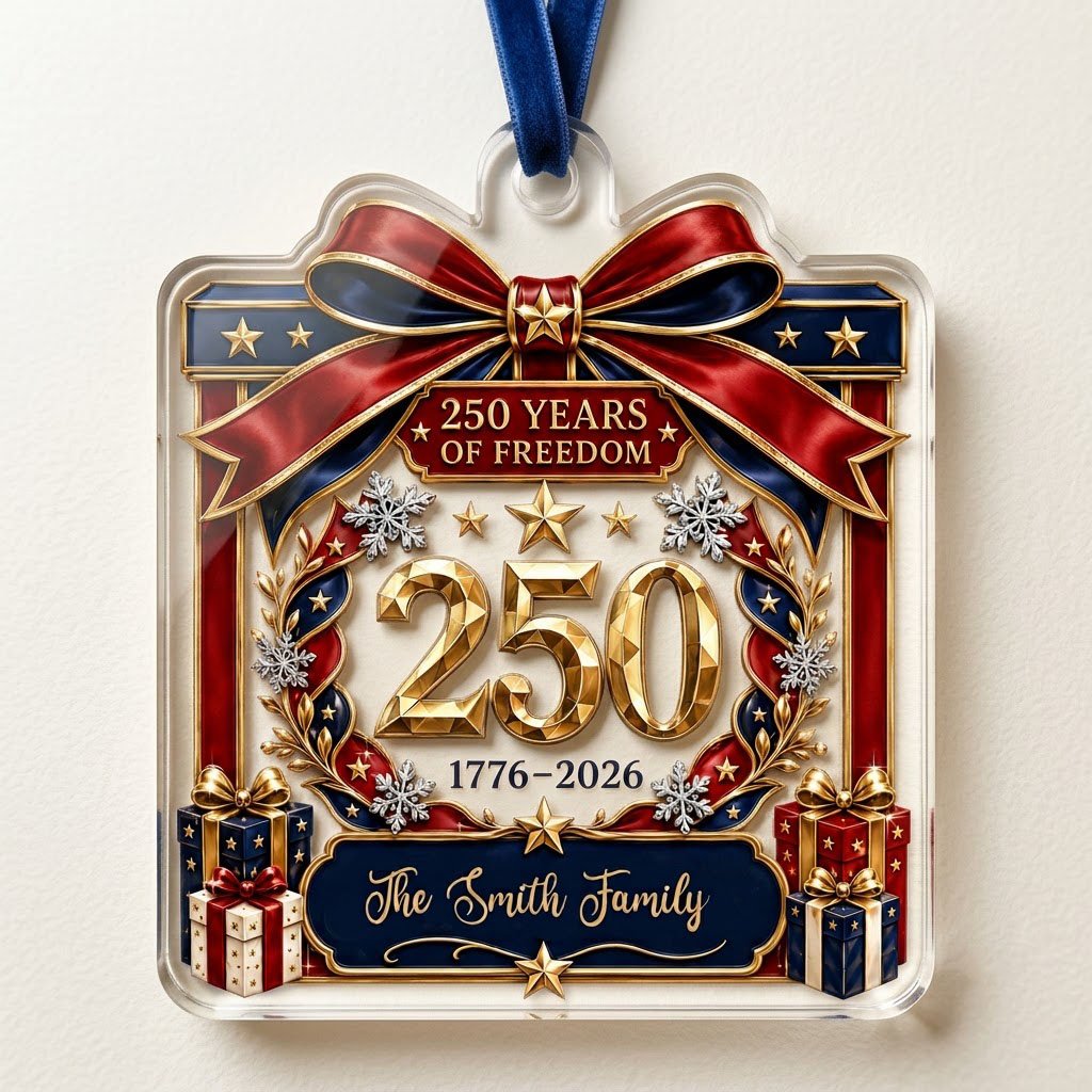 Personalized America 250th Gift Box Acrylic Ornament, Custom Patriotic Holiday Keepsake