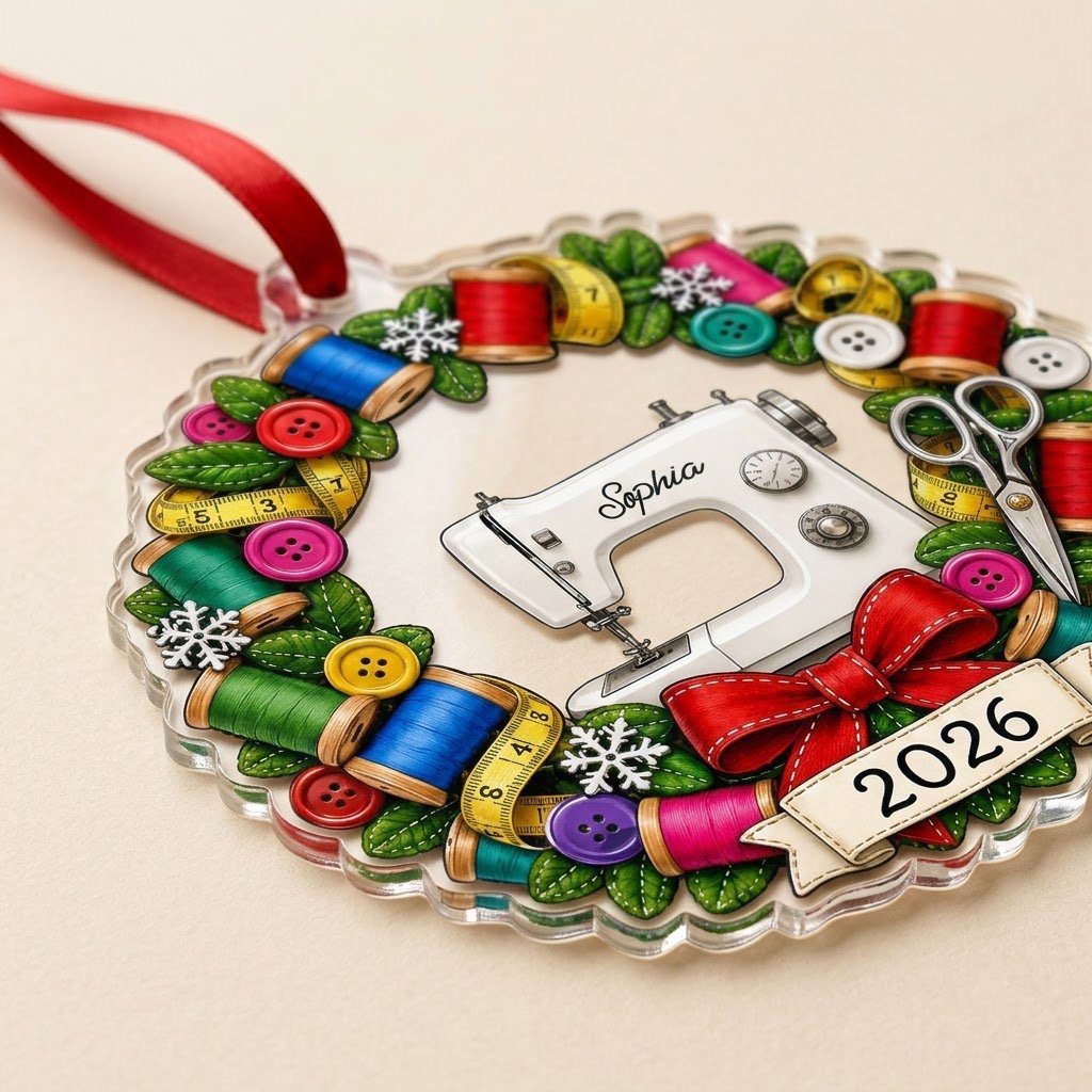 Personalized Sewing Machine Wreath Acrylic Ornament, Custom Quilter Seamstress Keepsake
