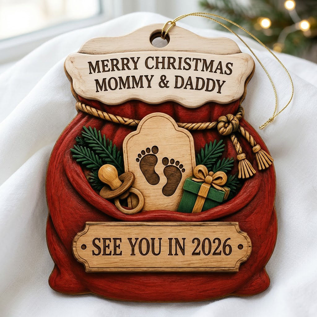 Red Santa sack wood ornament with rope tassels, baby footprints plaque, pacifier, and green gift box.