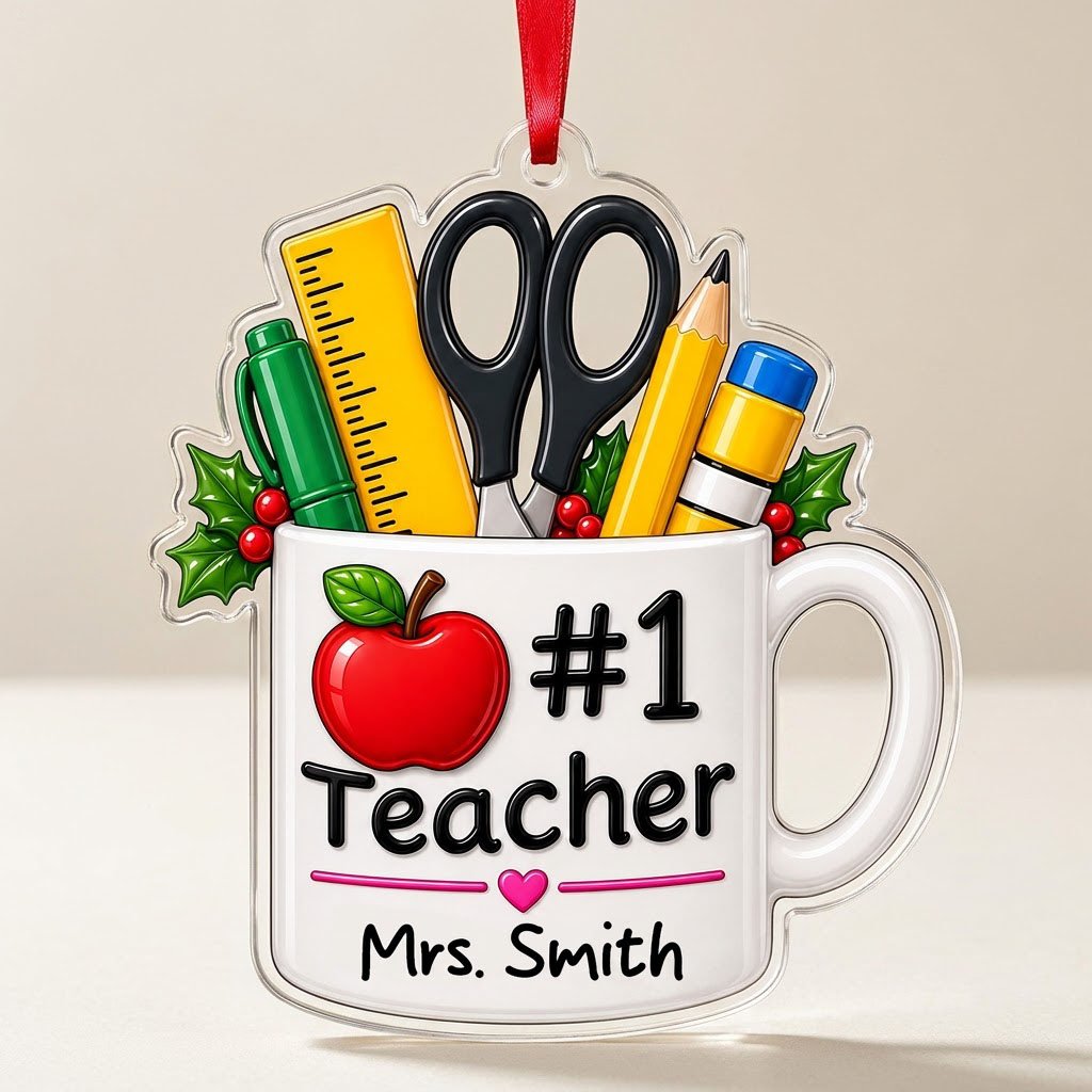 Personalized #1 Teacher Coffee Mug Acrylic Ornament, Custom School Appreciation Keepsake