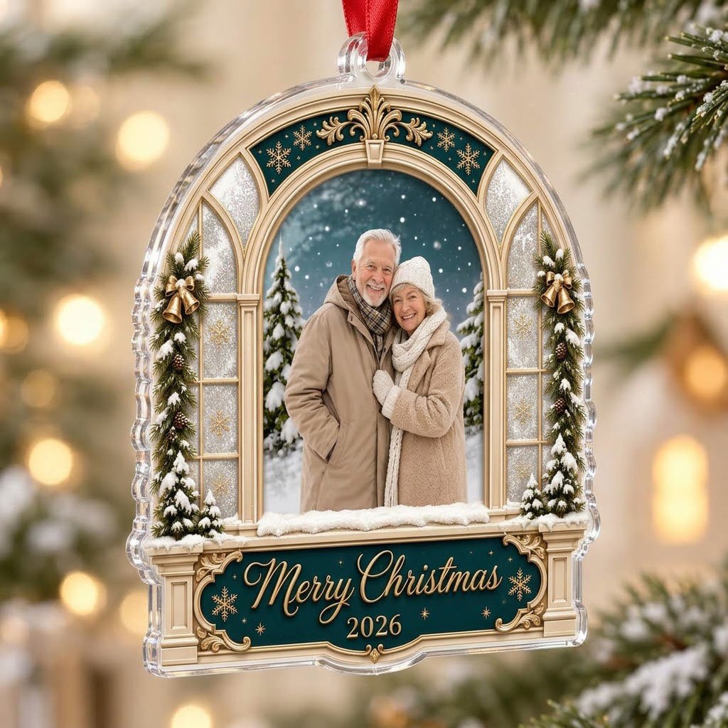 Arched window acrylic ornament with green header, pine garlands, Merry Christmas text, and a center photo window.