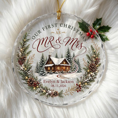Personalized Our First Christmas as Mr & Mrs Winter Cabin Wreath Round Glass Ornament