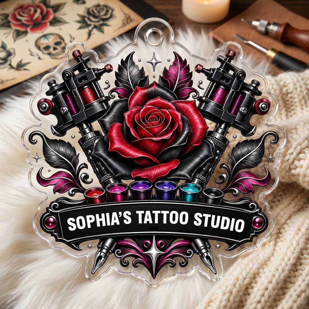 Clear acrylic ornament with red and black rose, crossed tattoo machines, caps, and SOPHIA'S TATTOO STUDIO text.