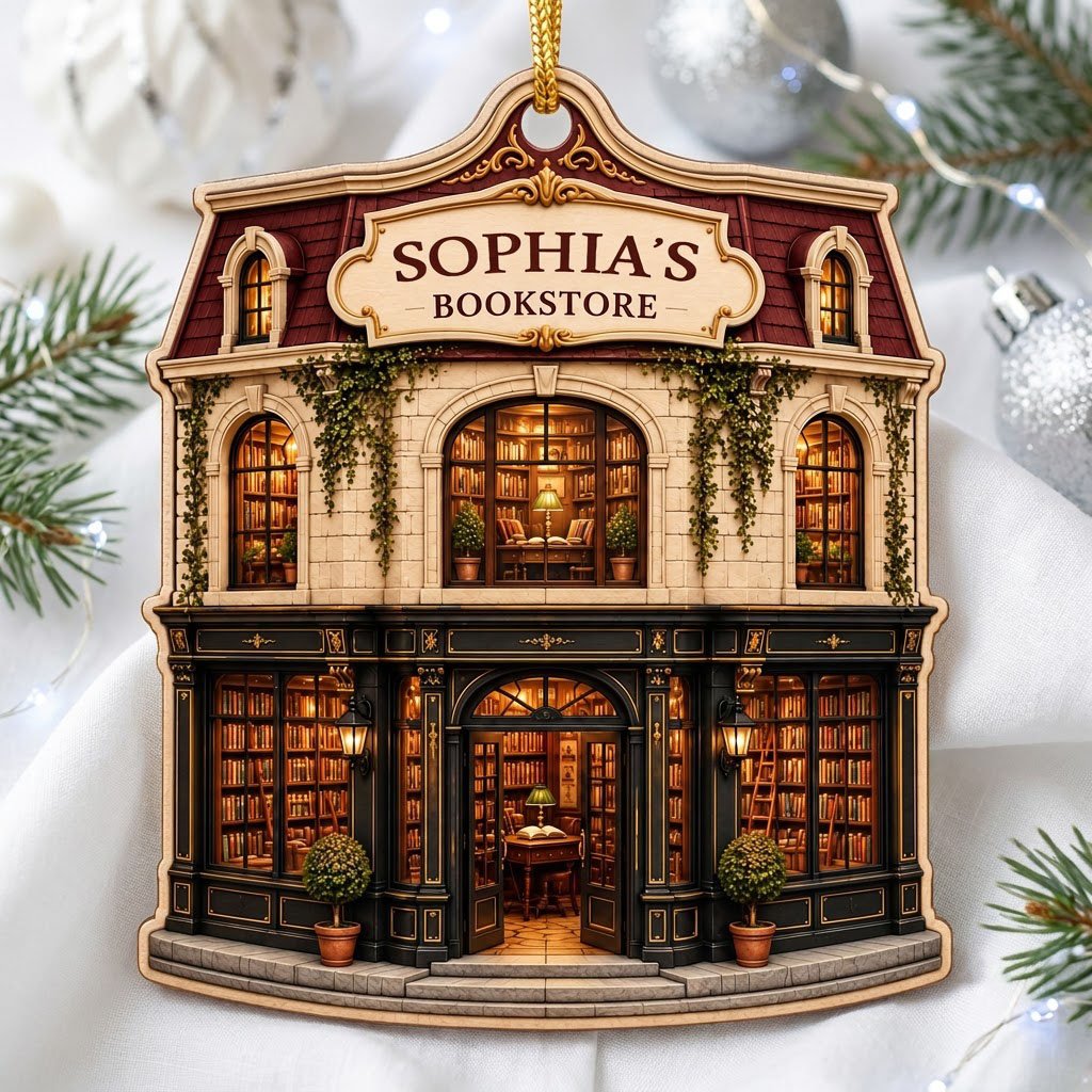 Custom-cut ornament shaped like a vintage bookstore with green and gold storefront and 'BOOKSTORE' text personalized abo