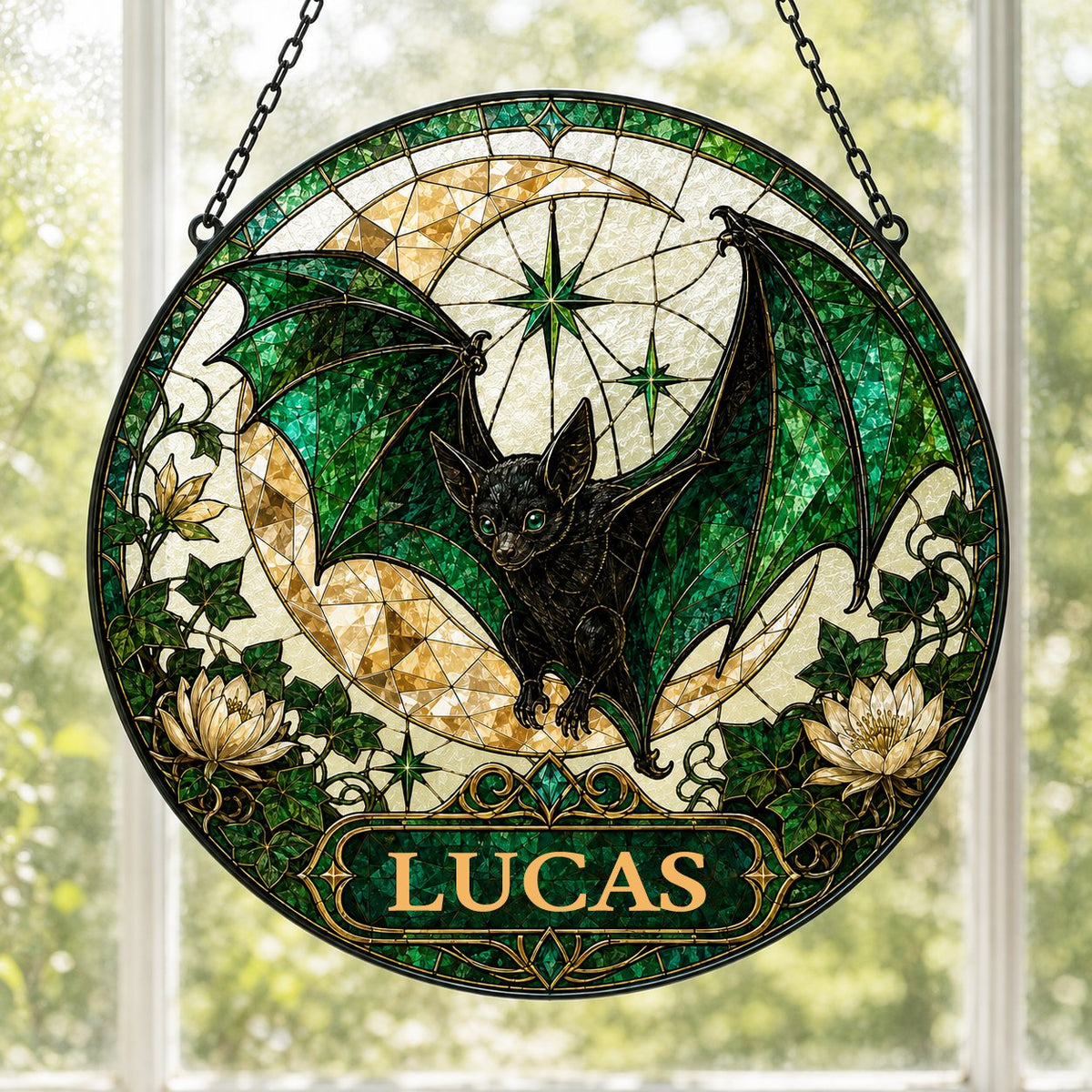 Round stained-glass style suncatcher with black bat, green wings, crescent moon, ivy, white flowers, and a personalized 