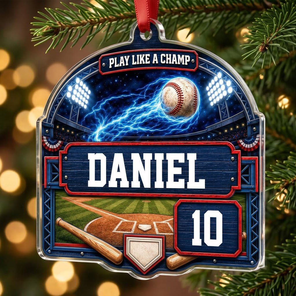 Arch acrylic ornament with flaming baseball in a night stadium, blue plaque, bats, home plate, name and number.