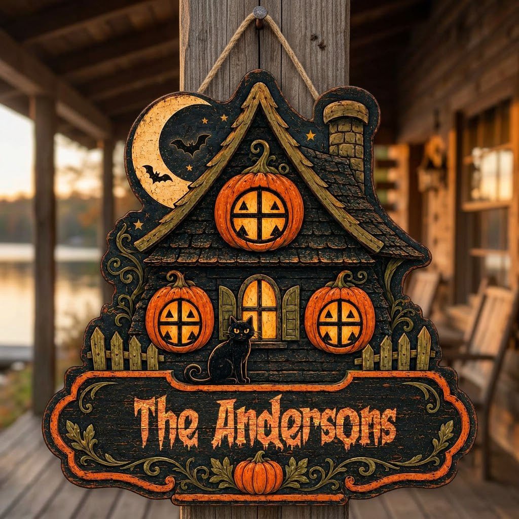 Custom-cut haunted house wooden sign with moon, bats, pumpkin windows, black cat, picket fences, and a family name banne