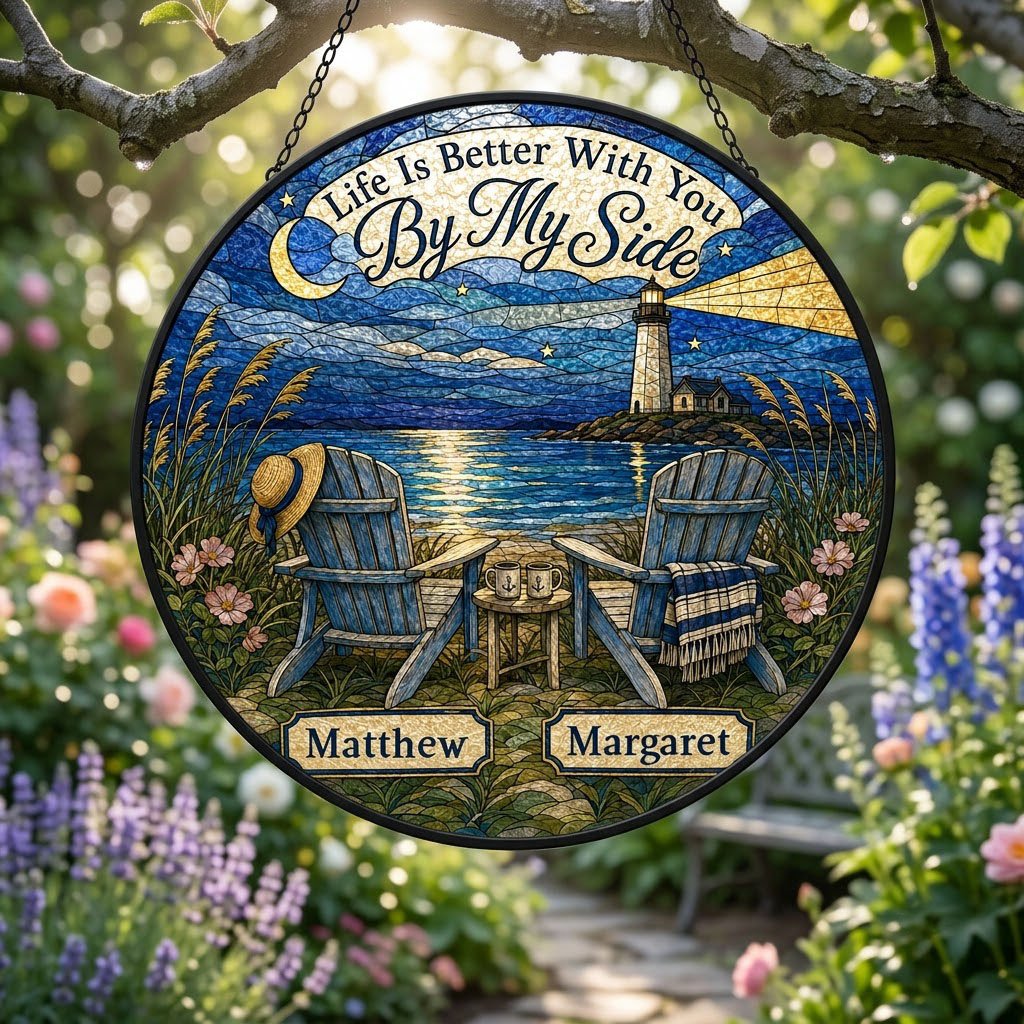 Round stained glass–style suncatcher with two blue Adirondack chairs by water and a lighthouse at night.