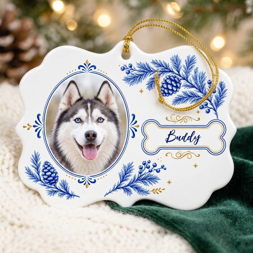 Medallion ceramic ornament with blue and gold filigree, bone name banner, and a custom husky dog photo on white.