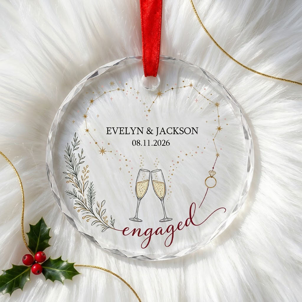 Round faceted glass ornament with gold constellation heart, ring, and clinking champagne flutes reading engaged.