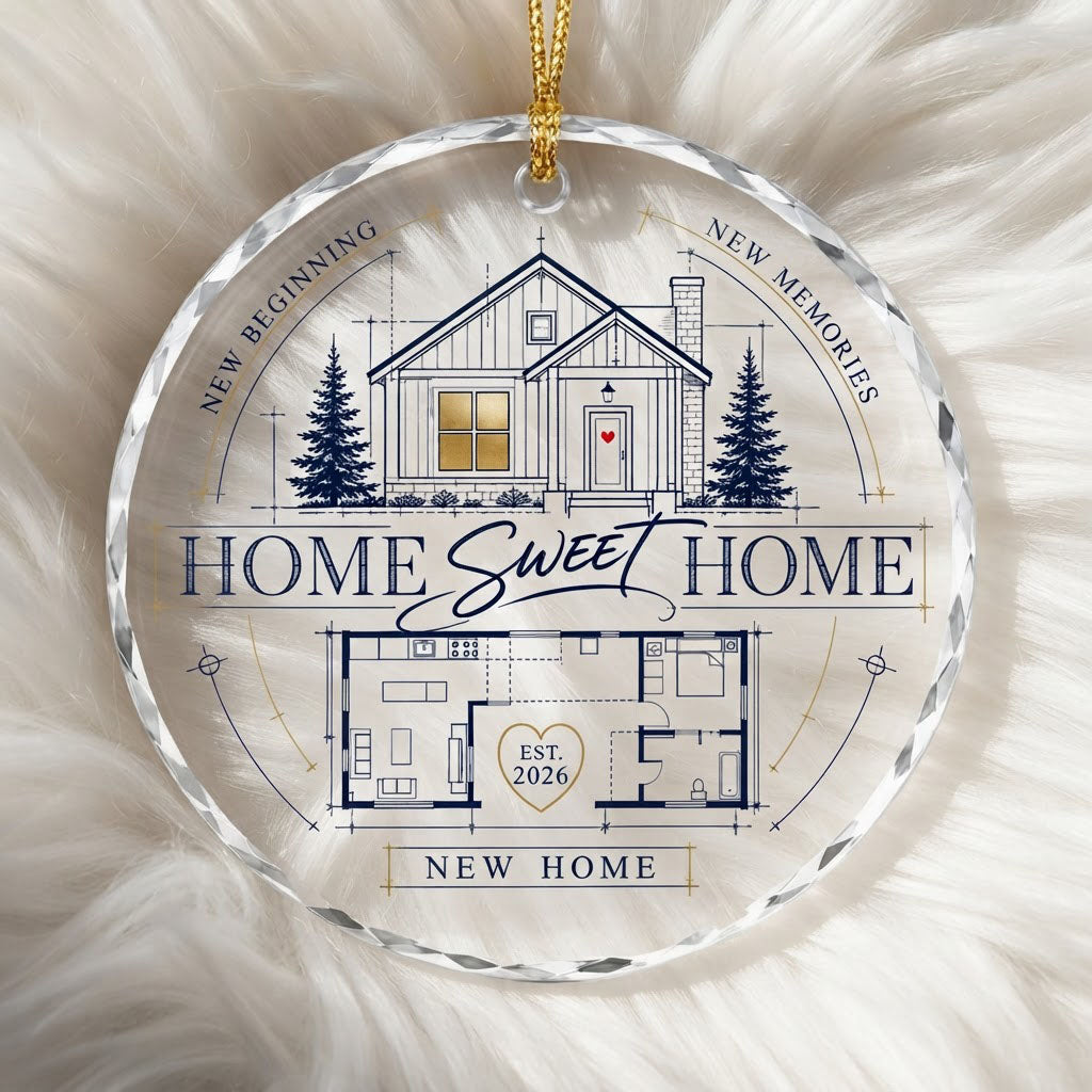 Personalized Home Sweet Home Blueprint Floor Plan Round Glass Ornament