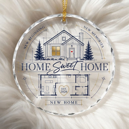 Personalized Home Sweet Home Blueprint Floor Plan Round Glass Ornament