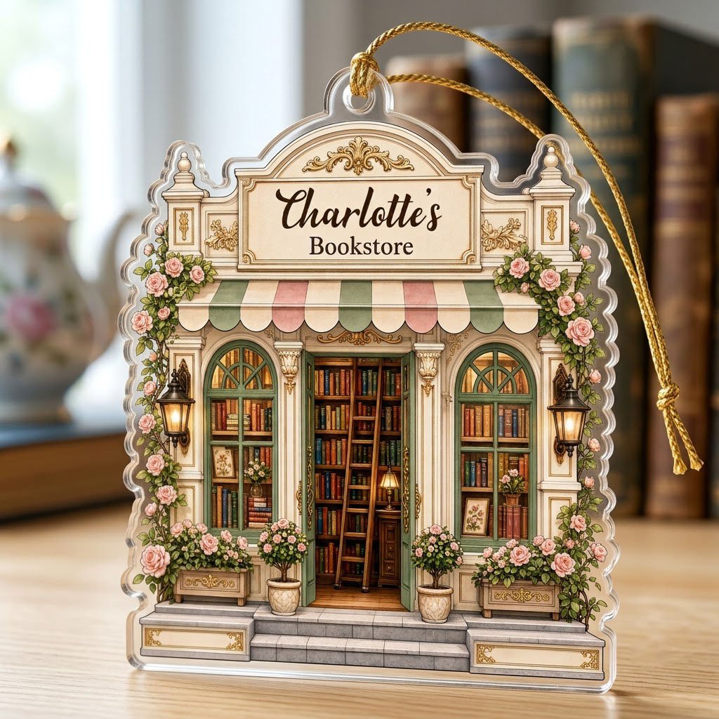 Personalized Bookstore Acrylic Ornament, Custom Book Lover Christmas Keepsake