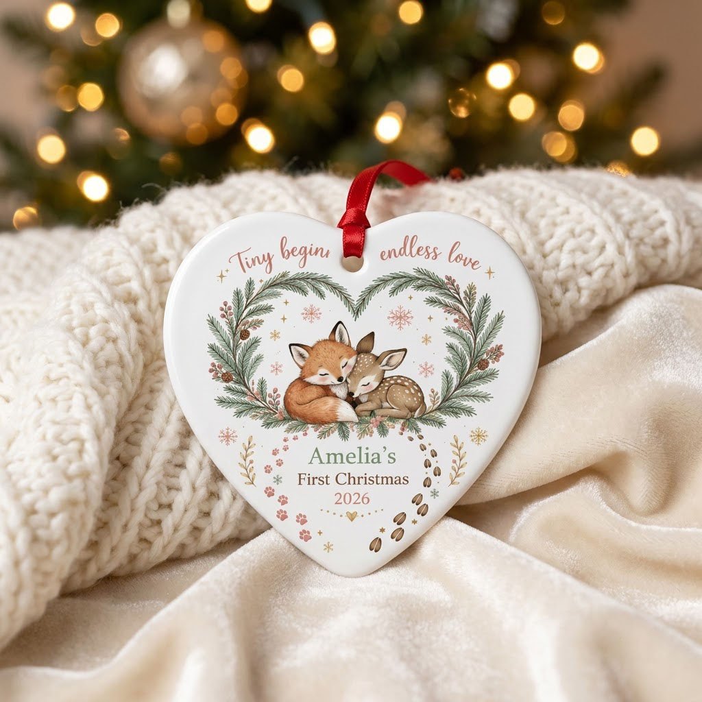 Heart ceramic ornament with sleeping baby fox and fawn in an evergreen wreath with berries and snowflakes.
