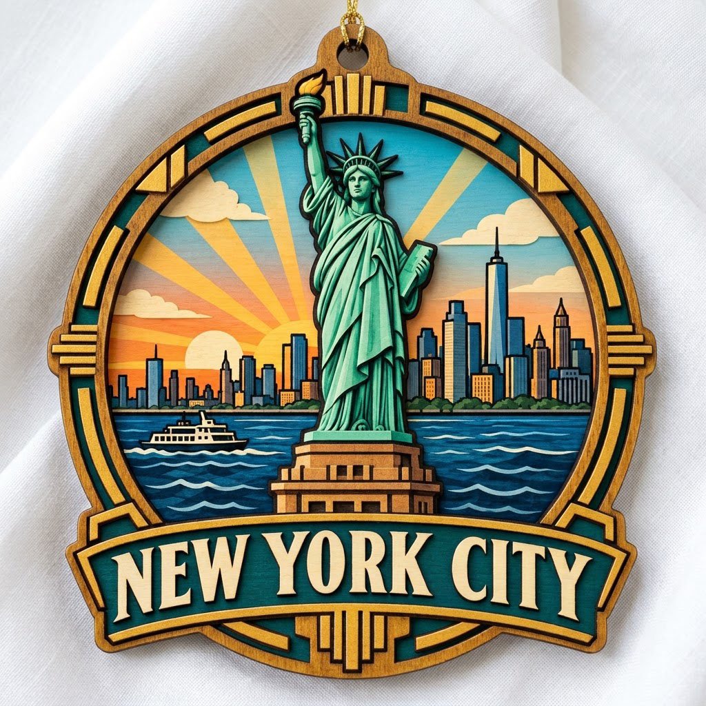 Wood ornament with Statue of Liberty, NYC skyline, ferry and sunrays in an Art Deco frame reading NEW YORK CITY.