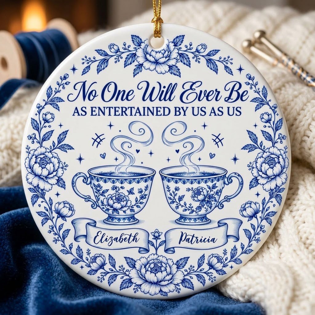 Round white ceramic ornament with blue floral border and two teacups, personalized with two names