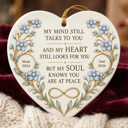 Heart ceramic ornament with light blue forget-me-not flowers, gold vines, and a gold infinity symbol memorial design.
