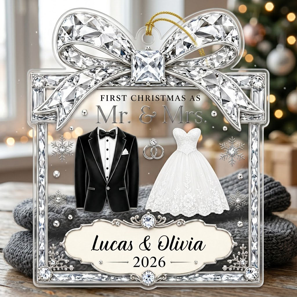 Clear acrylic gift-box ornament with jeweled bow, tuxedo jacket, wedding gown, silver rings and a silver banner.