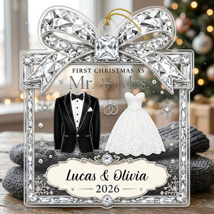 Clear acrylic gift-box ornament with jeweled bow, tuxedo jacket, wedding gown, silver rings and a silver banner.
