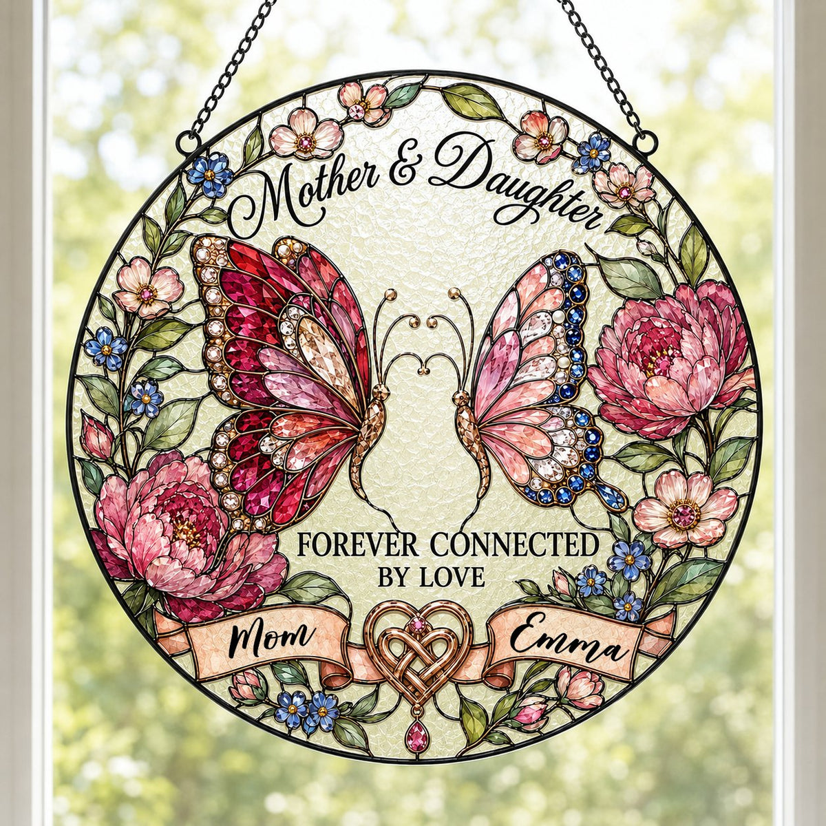 Round stained-glass style suncatcher with two butterflies, pink peonies and a ribbon banner for Mother & Daughter.