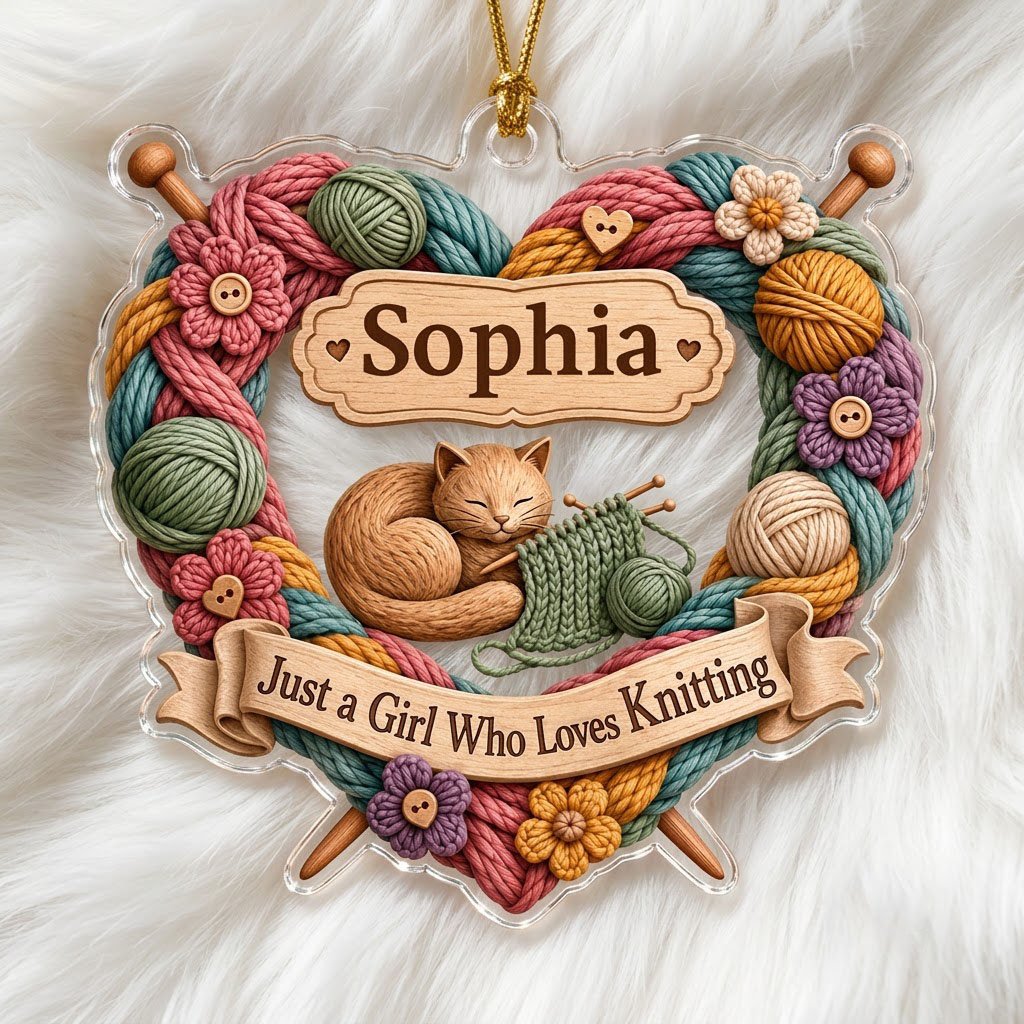 Heart-shaped acrylic ornament with yarn wreath, knitting needles, brown cat and "Just a Girl Who Loves Knitting" text.