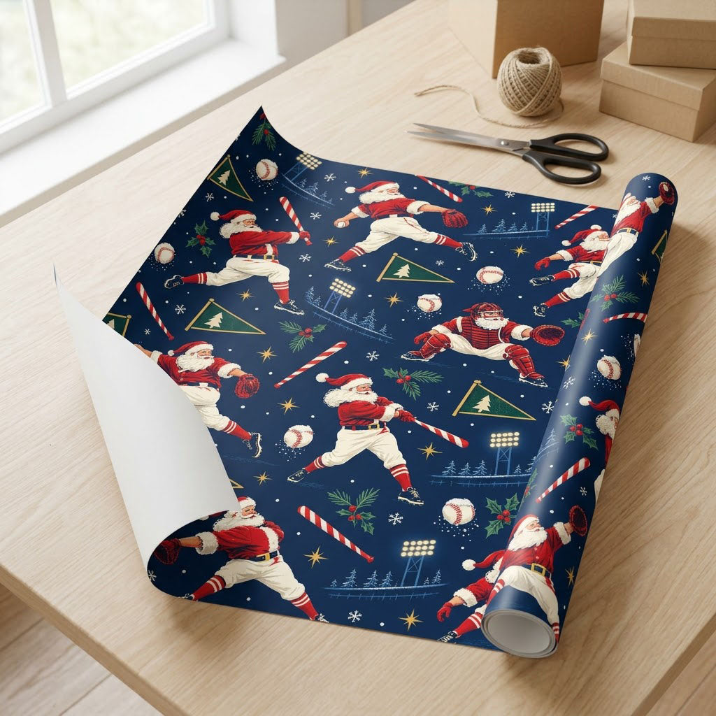 Navy wrapping paper with baseball Santas, candy cane bats, baseballs, pennants, stars and pine sprigs.