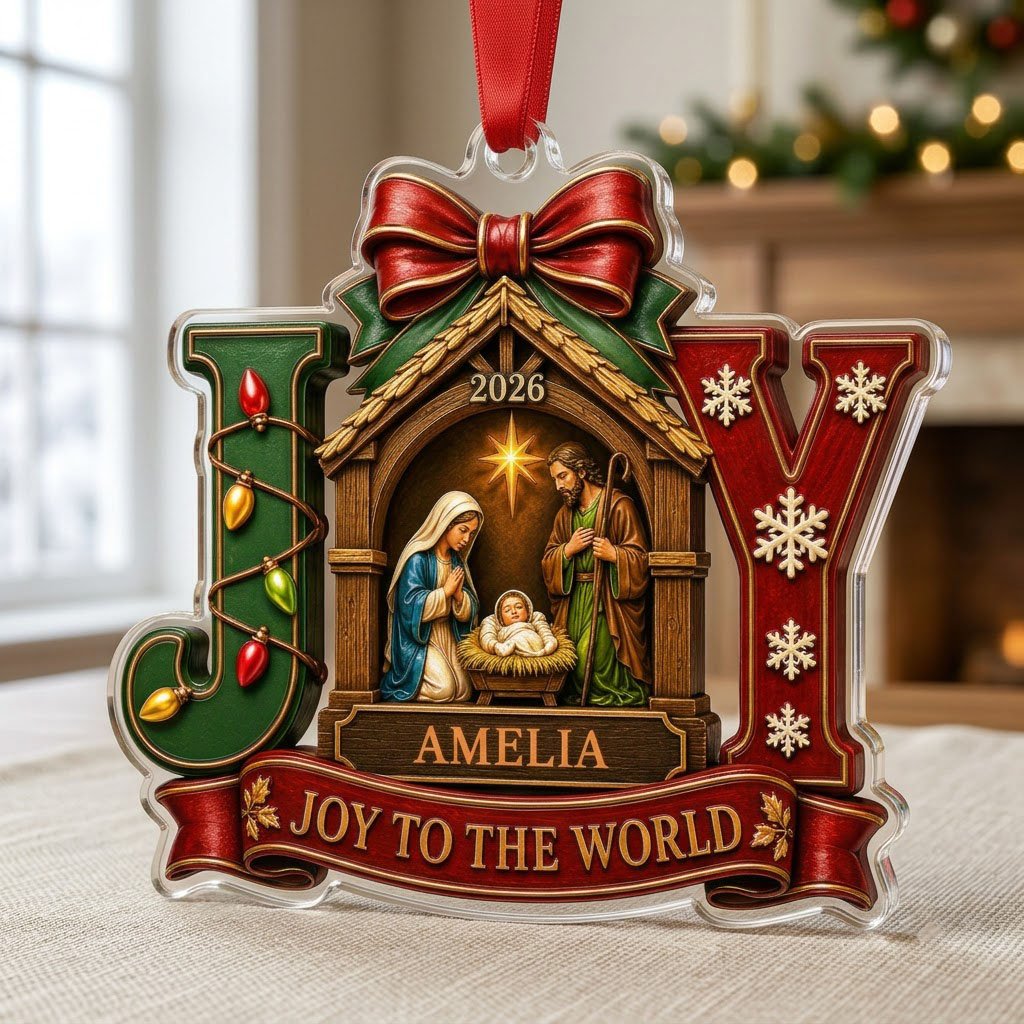 Personalized Nativity Scene JOY Acrylic Ornament, Custom Christian Holy Family Christmas Keepsake