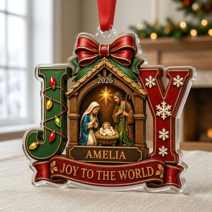 Personalized Nativity Scene JOY Acrylic Ornament, Custom Christian Holy Family Christmas Keepsake
