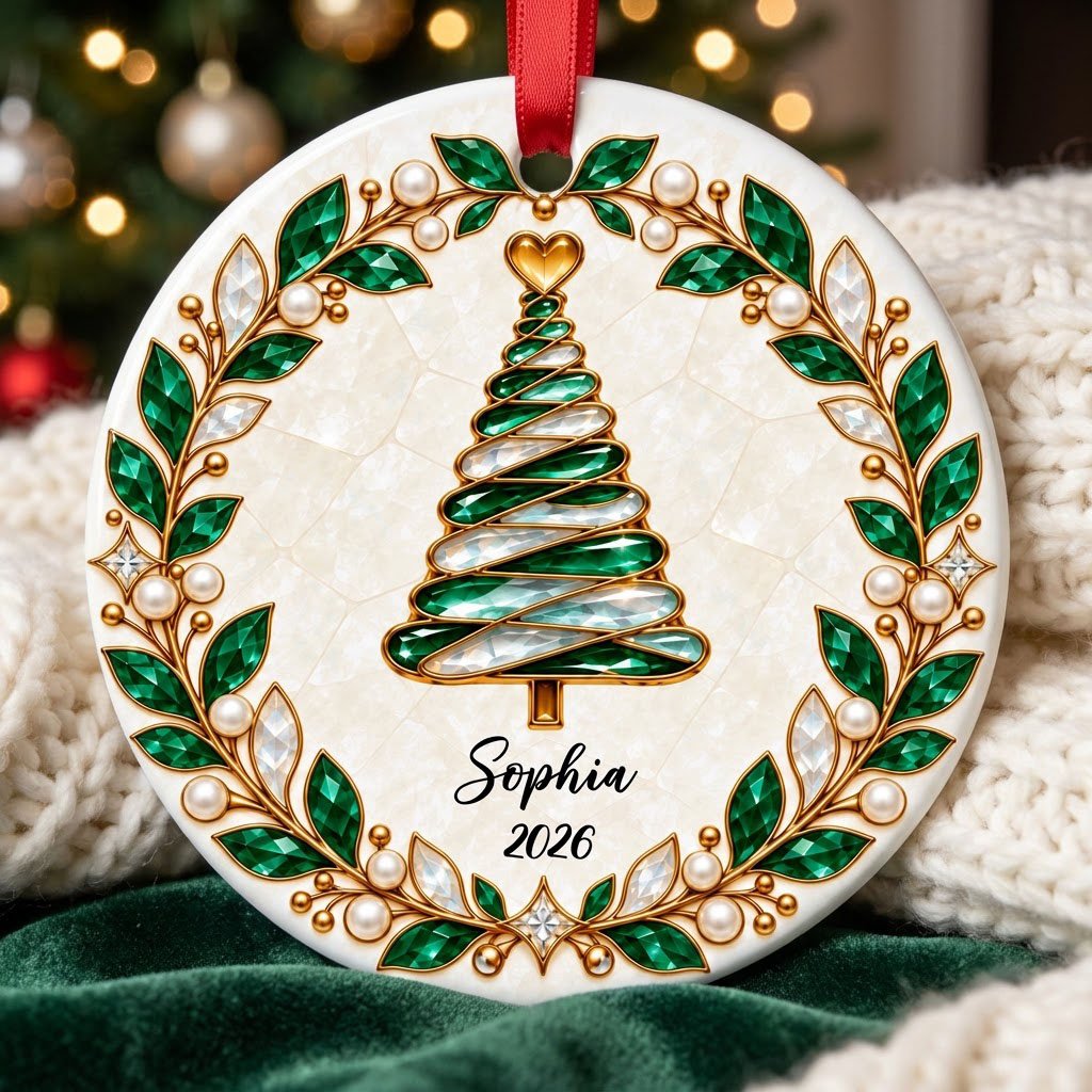 Round ceramic ornament with an emerald jeweled spiral Christmas tree and gold filigree wreath on cream.