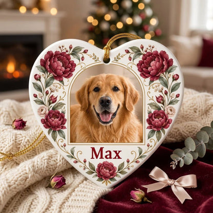 Heart ceramic ornament with red peonies, green leaves, gold flourishes, and a gold arched frame holding a dog photo.
